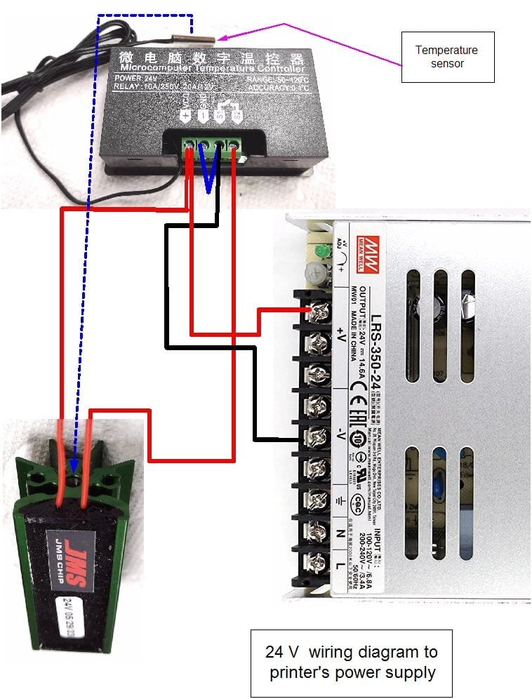 Wiring diagram showing a temperature sensor and relay controller connected to a 24V printer power supply, with color-coded wires and labeled terminals for clear wiring guidance.
