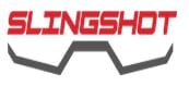 The image shows the word SLINGSHOT in bold, red, uppercase letters above a stylized, angular black shape resembling a wide W or abstract slingshot. The background is white.