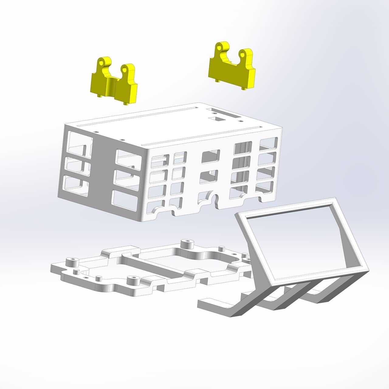 Exploded view of a mechanical assembly with five components: two yellow brackets, a white rectangular frame with cut-outs, a white base plate, and a tilted white screen or panel, all separated and floating.