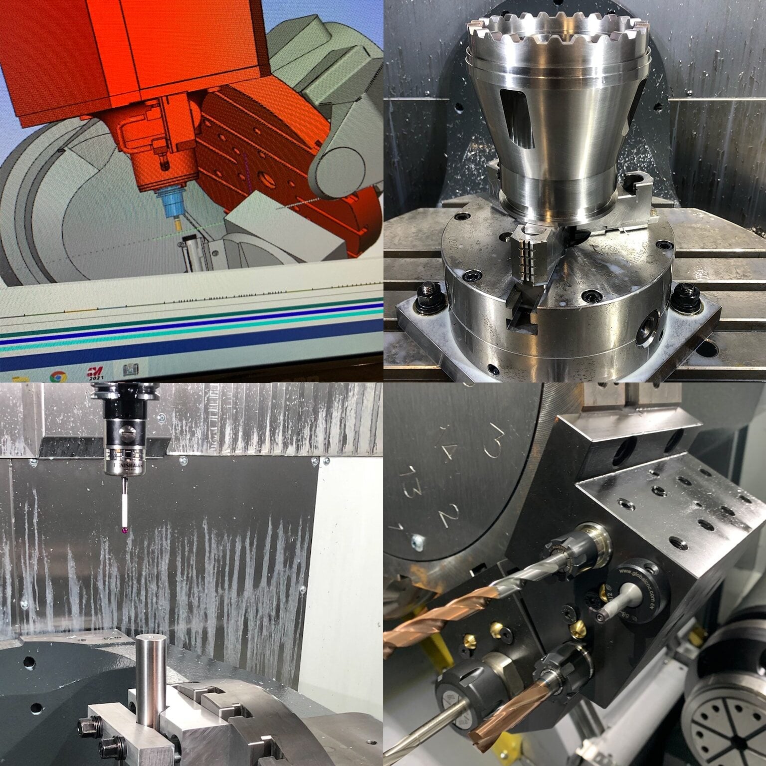 A four-image collage showing CNC machining: a CAD design on a screen, a metal workpiece on a rotary table, a machine probe measuring a part, and a close-up of automated drilling tools in a CNC machine.