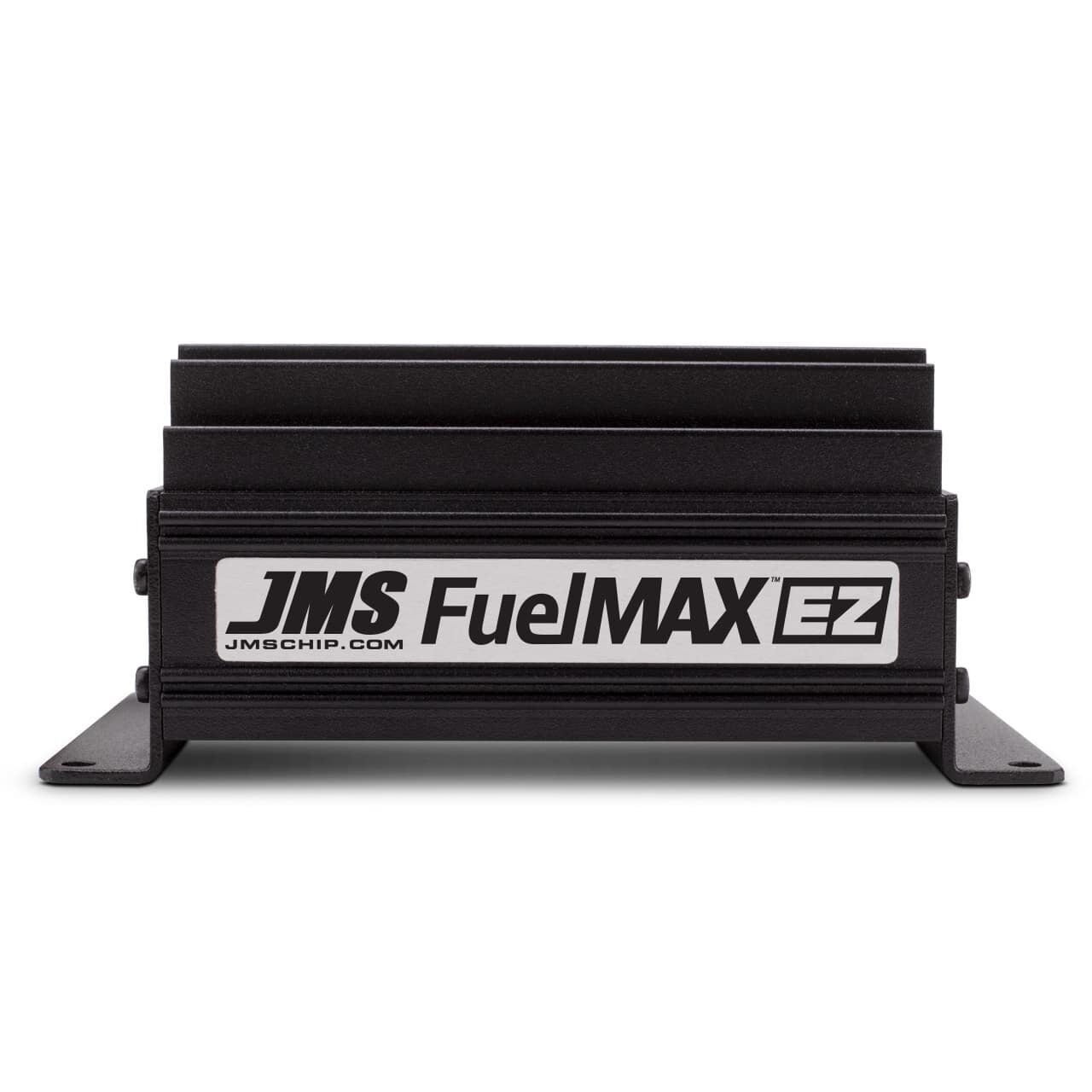 Front view of a black JMS FuelMAX EZ automotive device with heat sink fins and mounting brackets, featuring the JMS logo and website on the front panel.