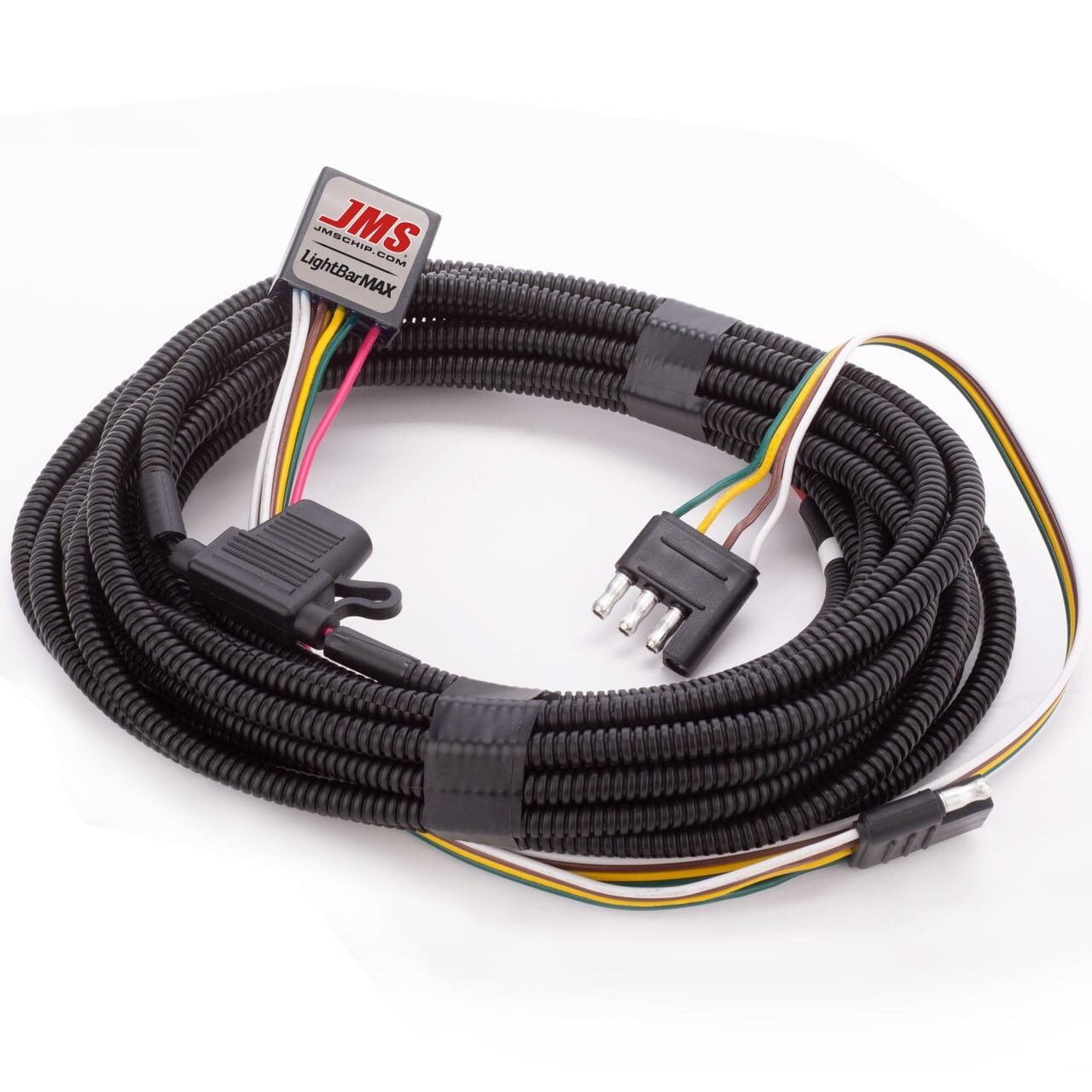 A coiled black wiring harness with multiple colored wires, connectors, and a small rectangular control box labeled JMS LightbarMAX. The harness is neatly arranged on a white background.