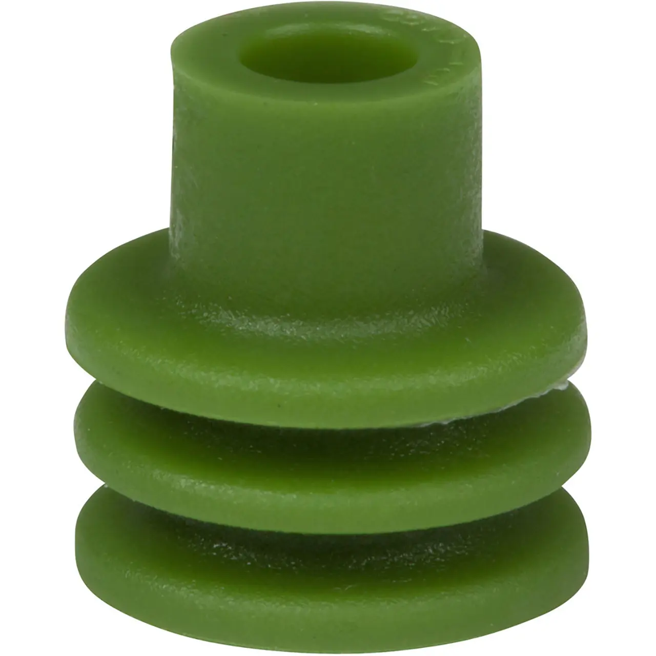 A small green plastic plug with three horizontal ridges and a cylindrical top, designed for sealing or capping openings.