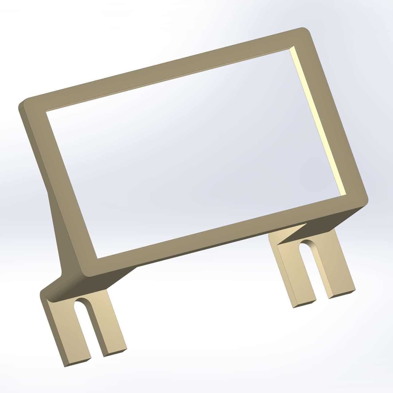 3D rendering of a beige, rectangular frame with a clear center, supported by two angled legs that end in U-shaped slots, set against a plain white background.