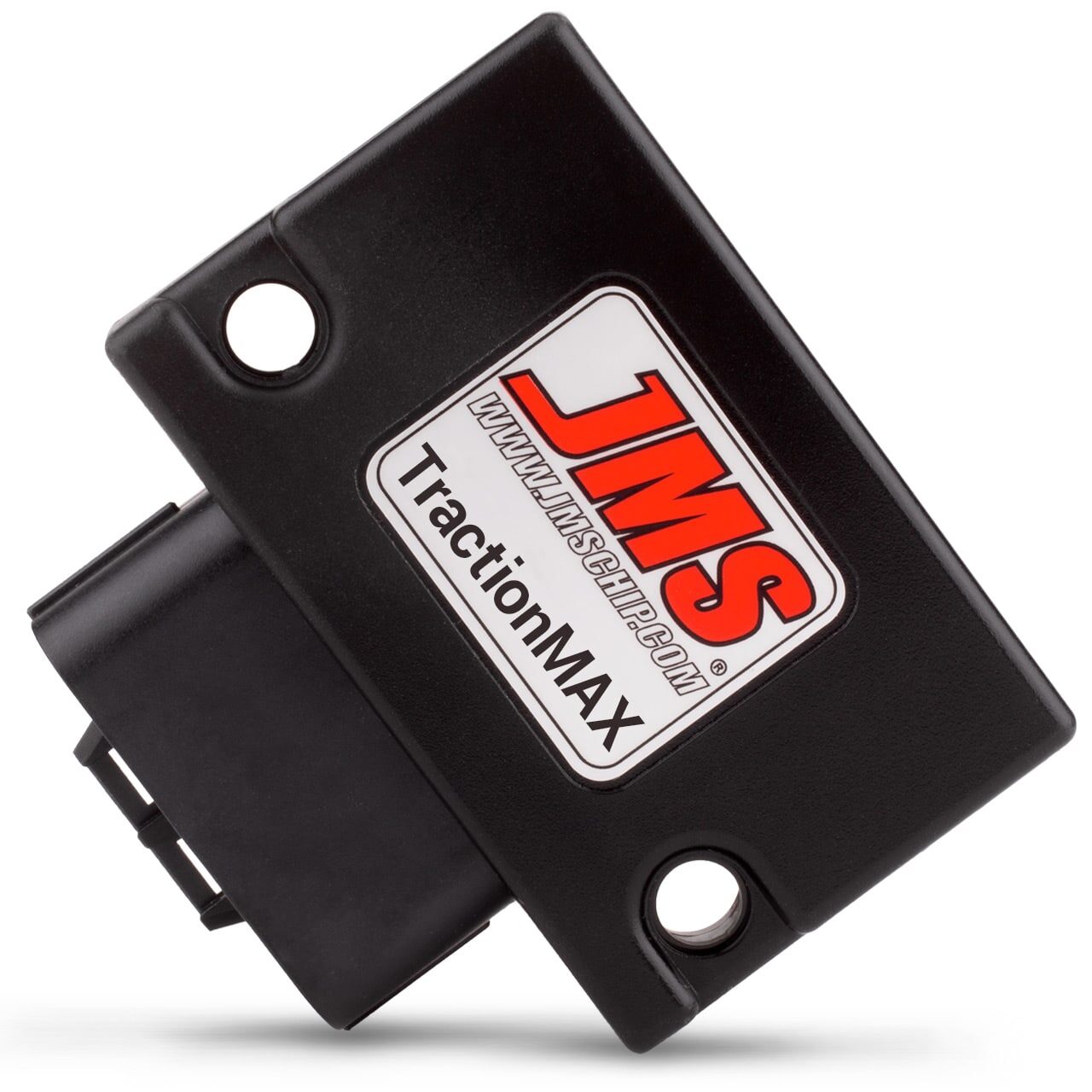 A black electronic device labeled JMS TractionMAX with a website URL, featuring two mounting holes and a connector port, photographed on a white background.