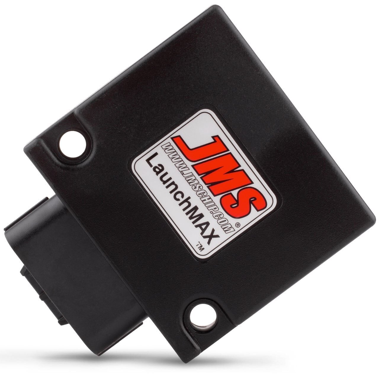A black rectangular electronic device labeled JMS LaunchMAX with the www.jmschip.com website shown on the sticker, featuring a connector on one side.