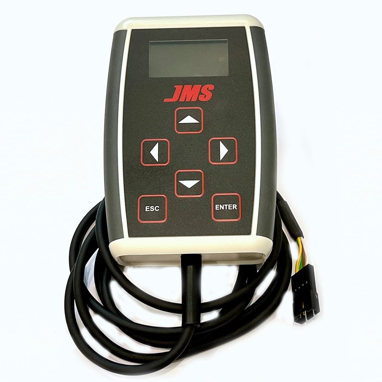 A handheld electronic device labeled JMS with a small screen, directional arrow buttons, ESC and ENTER buttons, and an attached black cable ending in a multi-wire connector.