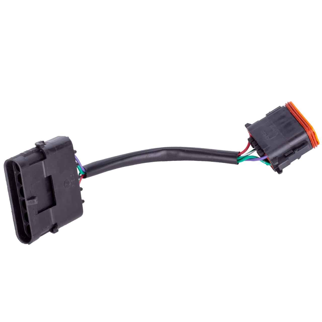 A short black cable with two rectangular plastic electrical connectors on each end, featuring several colored wires visible near the connectors.