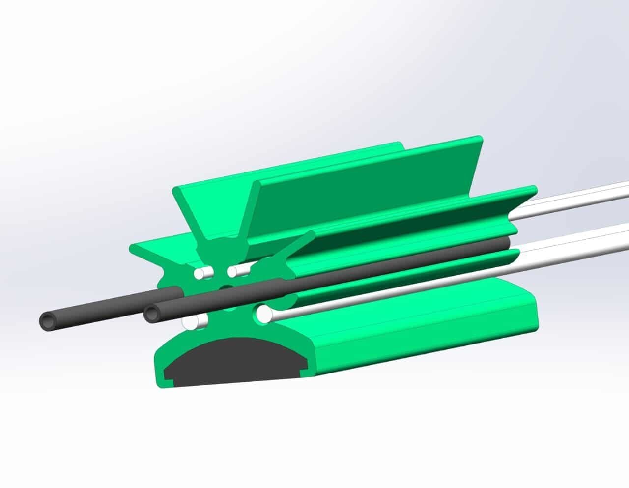 3D-rendered image of a green and black cylindrical device with fins, black and white rods extending from the back, and a curved base, shown on a white gradient background.