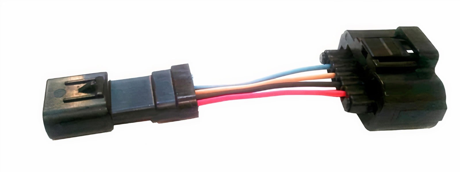 A close-up of a black electrical connector with four colored wiresâ€”orange, blue, red, and blackâ€”extending between two plastic plug ends on a white background.