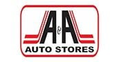 Logo for A&A Auto Stores featuring bold black letters A & A with red stripes above and below, and AUTO STORES in red letters underneath, all within a red-bordered rectangle.