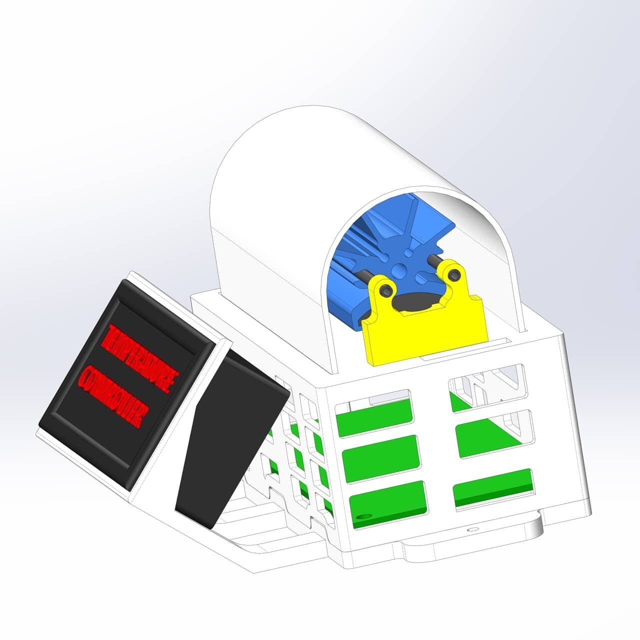 3D-rendered diagram of a white, cubic device with green slits, a black front panel displaying red text, and internal blue and yellow components visible through an open top cover.