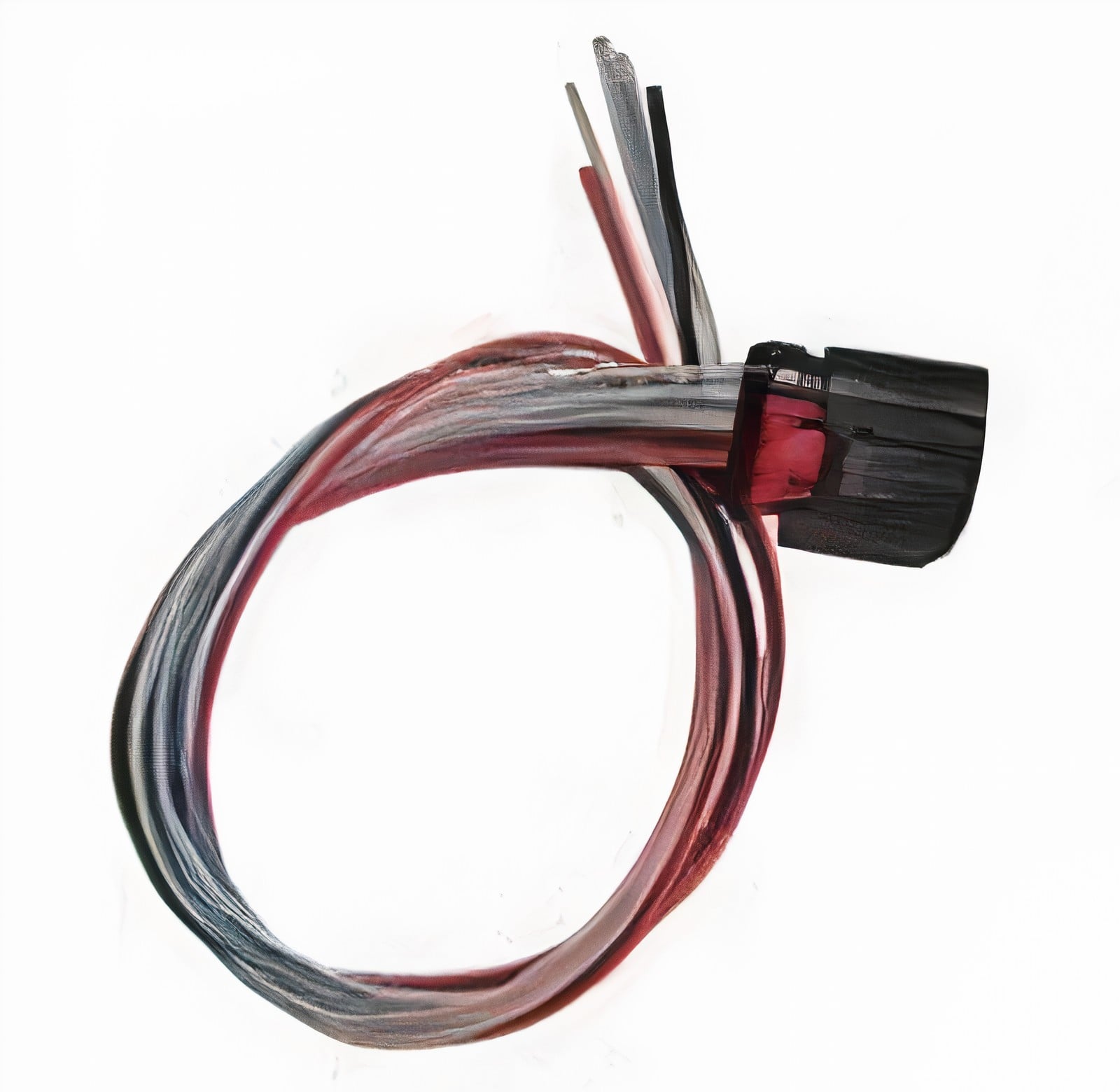 Close-up of an electrical wire harness with multiple colored wires ending in a black plastic connector; the wires are red, gray, black, and white.