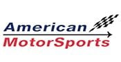 Logo for American MotorSports. The word American is in blue, MotorSports is in red, with a red underline and an arrow ending in a black checkered flag pattern to the right.