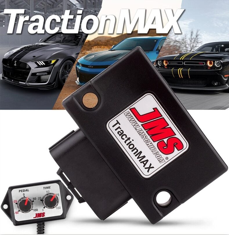 Close-up of a JMS TractionMAX automotive device, with a control unit shown in front. Background features three high-performance sports cars and the text TractionMAX in bold white letters.