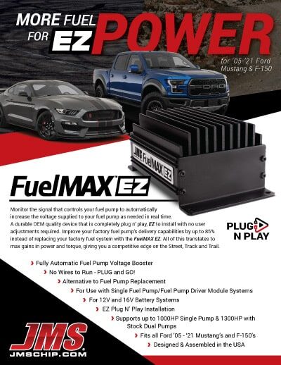 Advertisement for FuelMAX EZ showing a red Mustang and a blue F-150 behind the fuel control device. Text highlights its plug-and-play feature, benefits for Ford Mustang and F-150, and ease of installation for more fuel pump power.