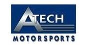 Logo for Atech Motorsports featuring a stylized silver A with the word TECH beside it, all on a blue rectangle. The words MOTORSPORTS appear below in blue capital letters.