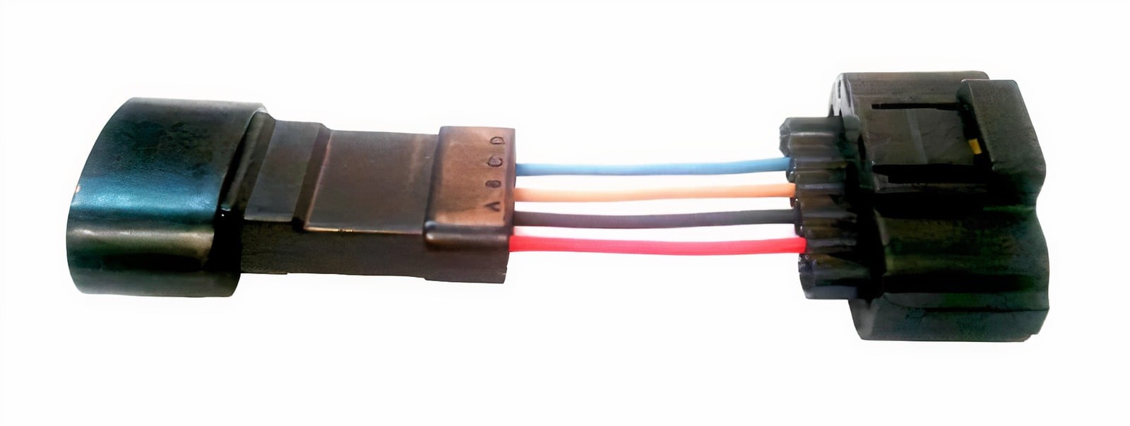 A black automotive wire connector adapter with four colored wiresâ€”blue, orange, black, and redâ€”labeled A, B, C, and D, against a white background.