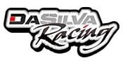 Logo for DaSilva Racing with DaSilva in bold, gray and white text, and Racing in stylized white script outlined in black. A small red square appears in the letter D.