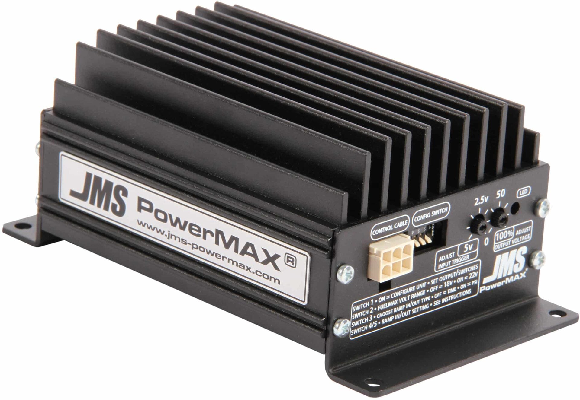 A black JMS PowerMAX electronic device with cooling fins, labeled inputs and switches, and a JMS logo on the side, designed for automotive or electrical control applications.