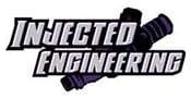 Logo with the words Injected Engineering in bold, stylized letters, overlaid on an illustration of a fuel injector angled behind the text.