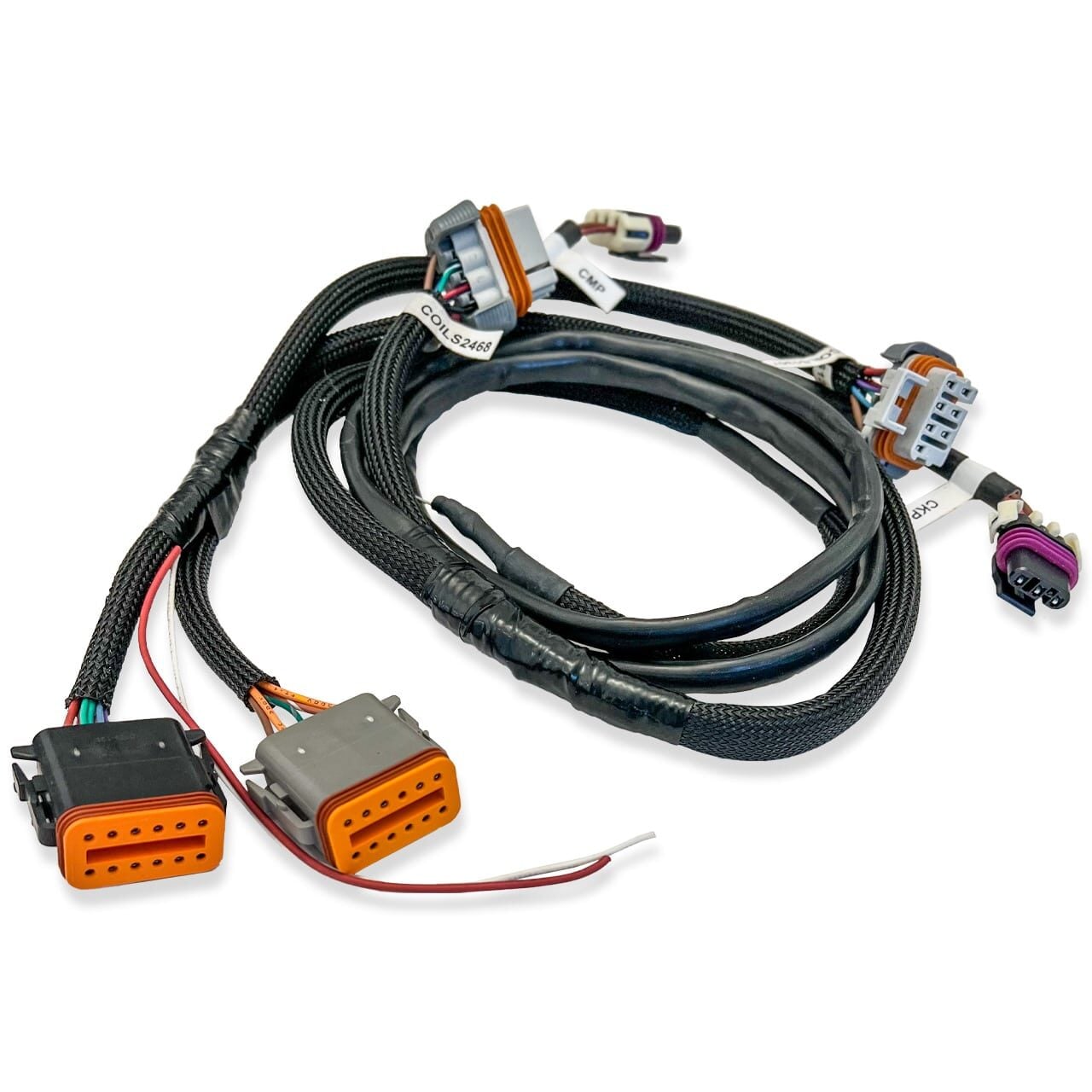 A coiled black automotive wiring harness with multiple connectors, including gray, orange, and purple plugs at each end, designed for connecting electrical components in vehicles.
