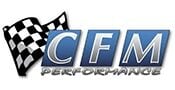 Logo with a black and white checkered flag and the letters CFM in bold blue with Performance written underneath in silver.