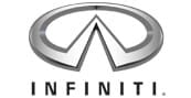 The Infiniti logo, featuring a silver oval with two lines forming an upward-facing point in the center, is shown above the word INFINITI in bold capital letters.