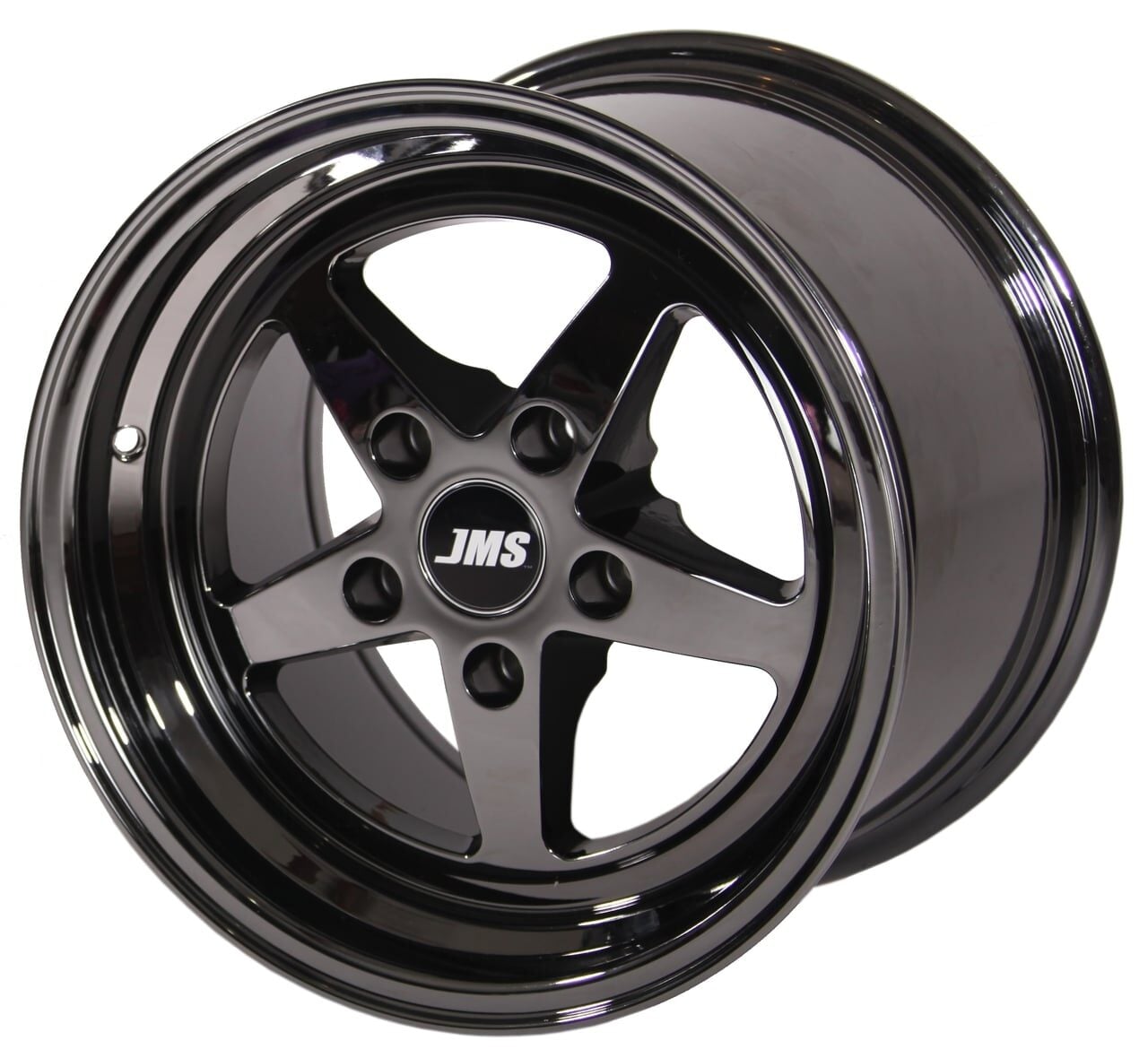A pair of glossy black, five-spoke car rims with the JMS logo in the center, positioned at an angle to show both the front and side profiles.