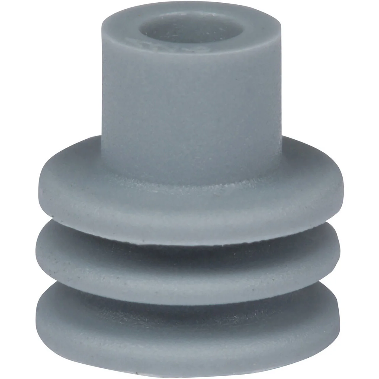 A gray, cylindrical plastic plug with a flat top and two circular ridges around its body, likely used as a protective or sealing cap for tubing or containers.