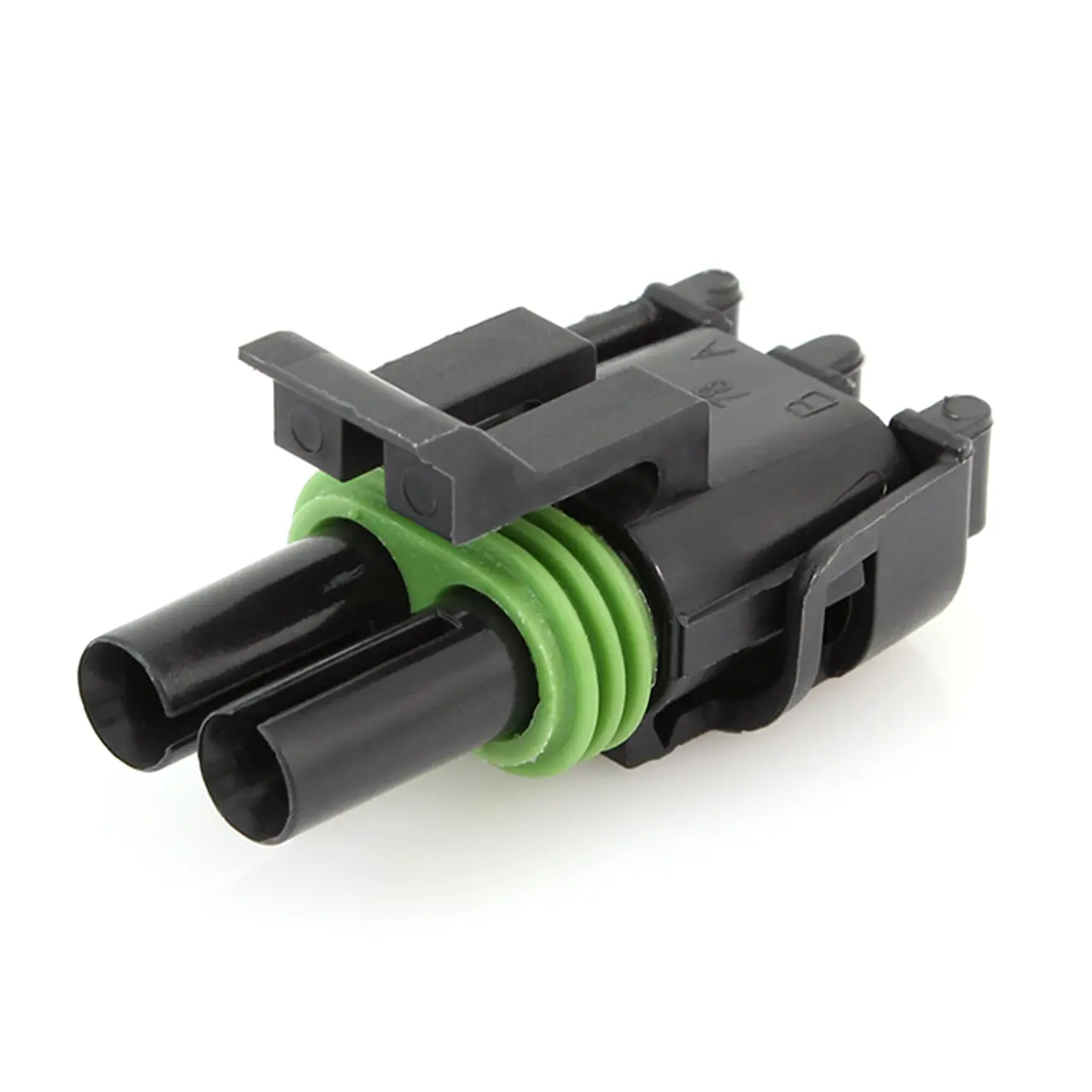 A close-up of a black two-pin electrical connector with a green rubber gasket, designed for secure and waterproof cable connections.