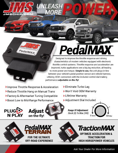 Promotional flyer for JMS PedalMAX showing trucks and the product. Features include improved throttle response, plug-and-play setup, and adjustable control. Benefits and key features are listed with icons and images of PedalMAX devices.