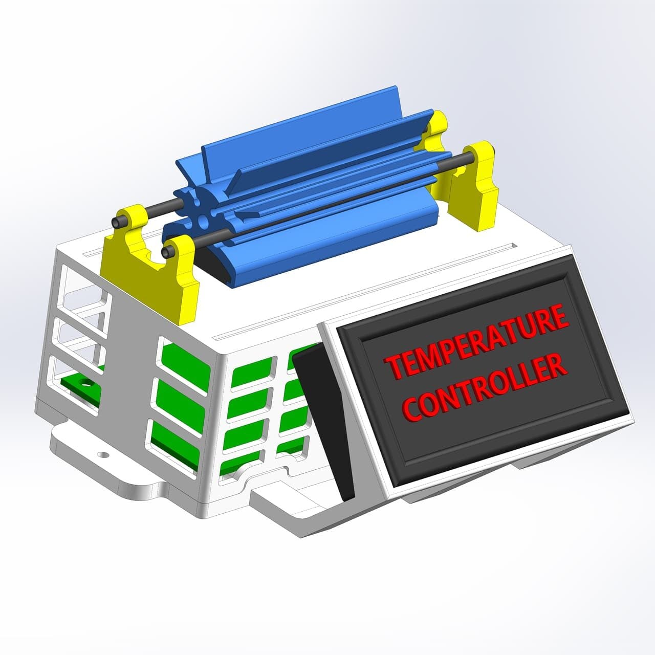 3D-rendered image of a device labeled TEMPERATURE CONTROLLER with a black display panel, green vents, and blue and yellow mechanical components mounted on top.