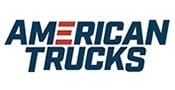 Logo with the words AMERICAN TRUCKS in bold, dark blue letters. The three middle lines of the E in AMERICAN are stylized as red horizontal stripes.