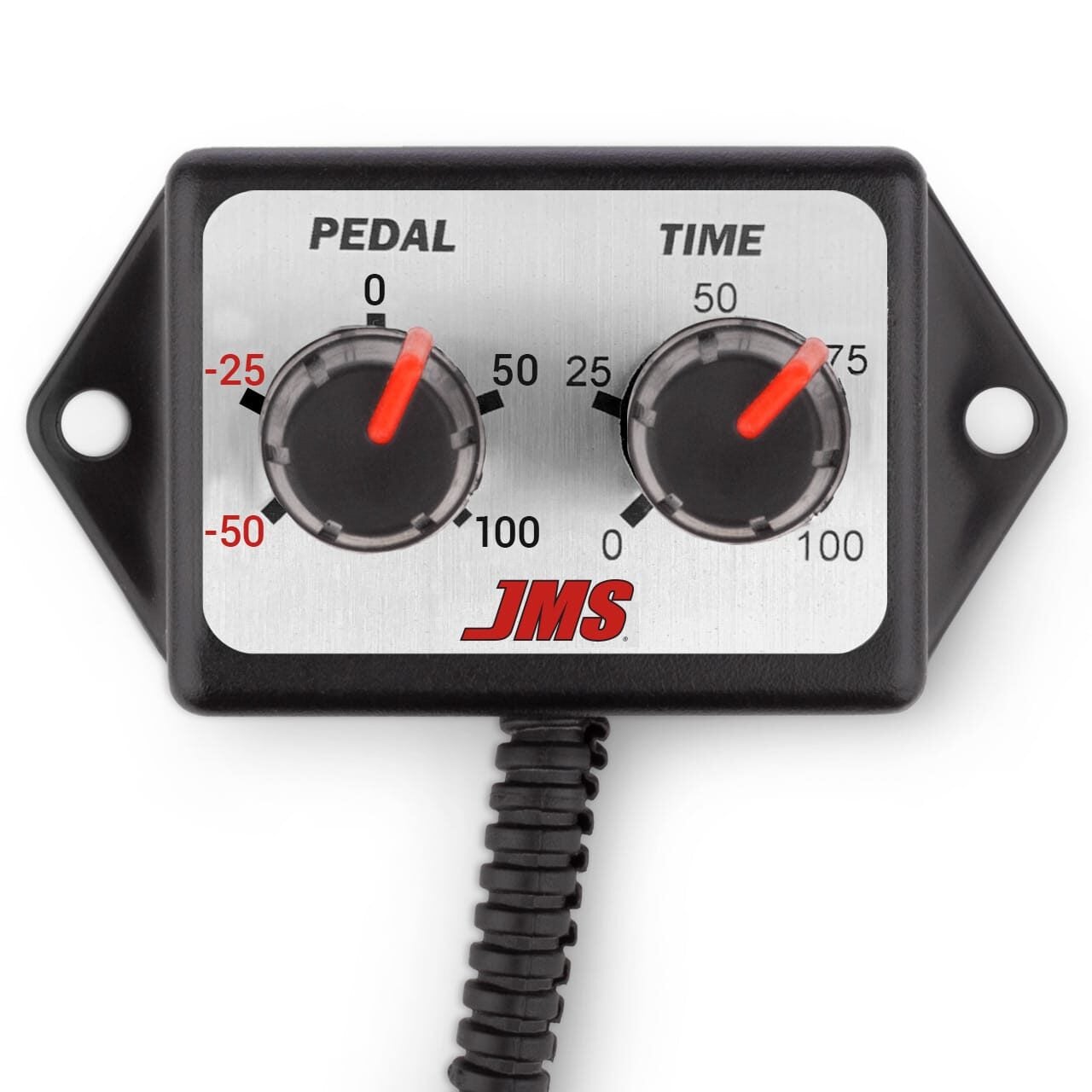 A close-up of a JMS control box with two dials labeled Pedal and Time, both featuring red indicators and numbered scales from -50 to 100. The box has a coiled cable attached at the bottom.