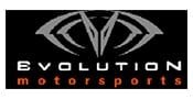 Logo for Evolution Motorsports featuring a stylized emblem above the words Evolution in white and motorsports in orange on a black background.
