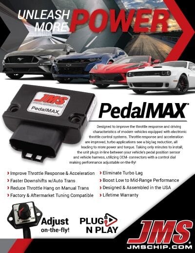 Ad for JMS PedalMAX, showing various sports cars and the PedalMAX device. Text highlights improved throttle response, plug-and-play design, and benefits such as acceleration, tuning, and a lifetime warranty.