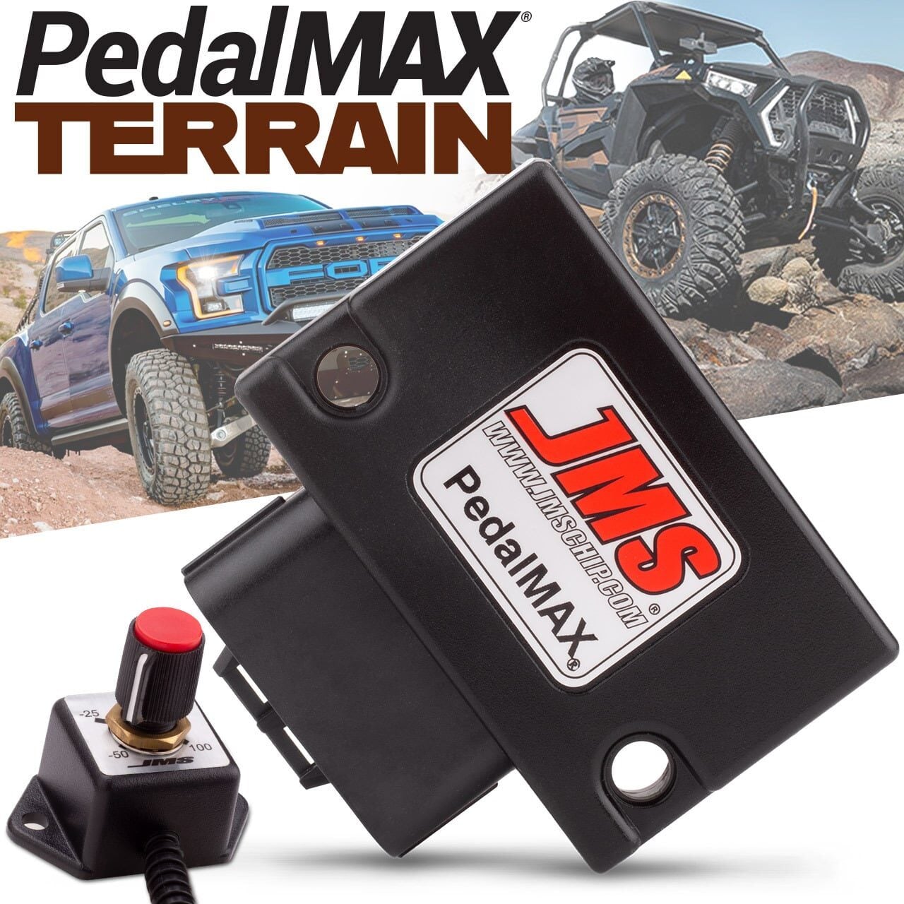 Close-up of a JMS PedalMAX Terrain device and adjustable knob, with off-road vehicles driving over rocky terrain and the text PedalMAX TERRAIN in bold above.