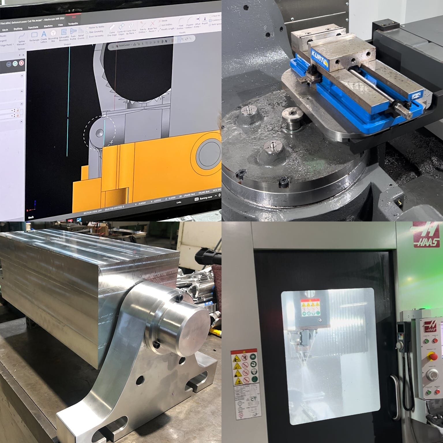 A collage of four images: a CAD model on a computer screen, a metal workpiece held in a machine vise, a machined metal component, and a CNC milling machine operating with its door closed.
