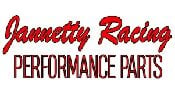 Logo with Jannetty Racing in red script font above PERFORMANCE PARTS in bold, uppercase red letters. White background.