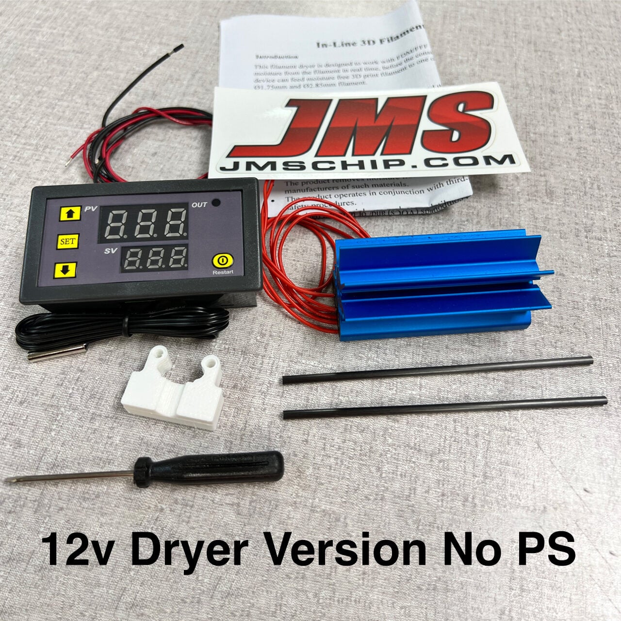 A 12V dryer kit is displayed, including a digital control panel, wires, heatsink, white brackets, rods, screwdriver, and a JMSCHIP.com sticker, with “12v Dryer Version No PS†text at the bottom.