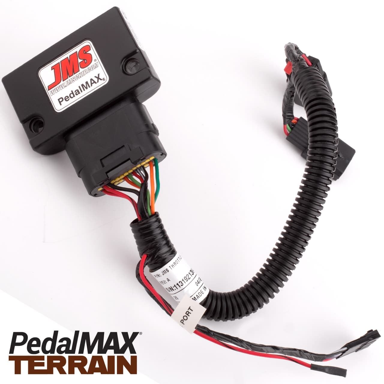 A JMS PedalMAX Terrain electronic module with attached wiring harness, shown on a white background. PedalMAX Terrain logo is displayed in the lower left corner.