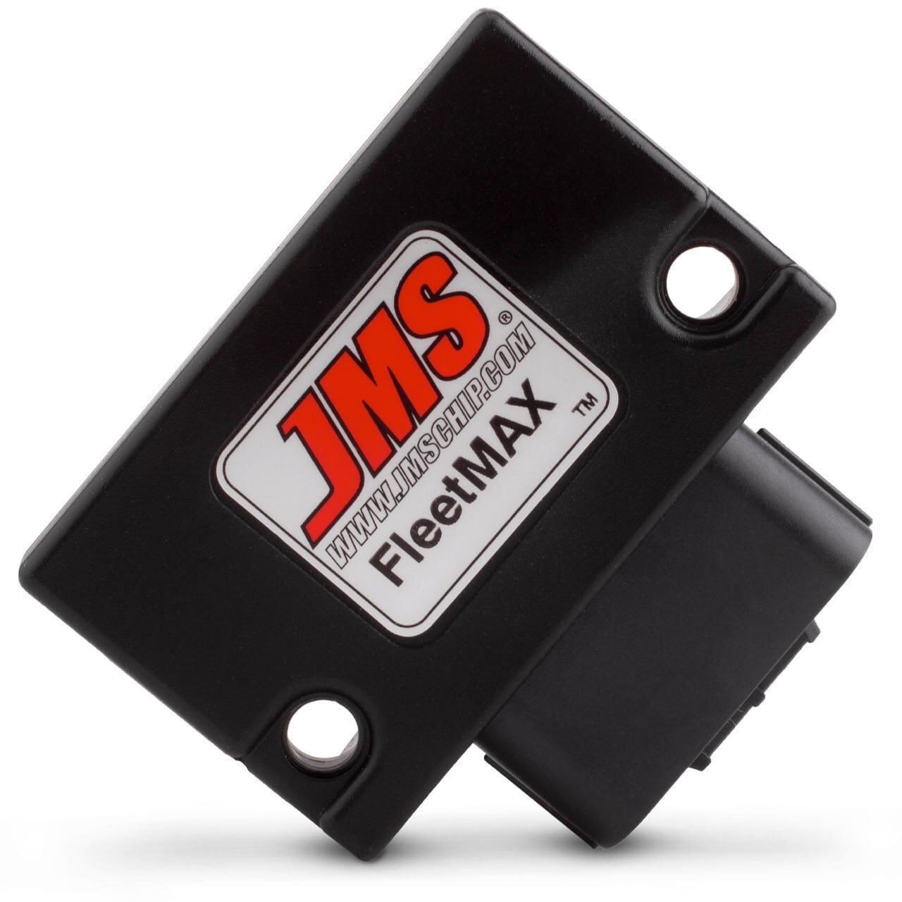 A black JMS FleetMAX automotive device with a rectangular shape, two mounting holes, and a visible connector, featuring a label with the JMS logo and website.