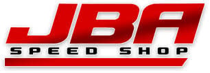 Logo for JBA Speed Shop featuring large, stylized red letters â€œJBAâ€ above smaller black text that reads â€œSpeed Shopâ€ on a white background.