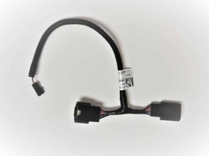 A black electrical wiring harness with connectors at each end and a white barcode label attached to one side, displayed on a plain white background.