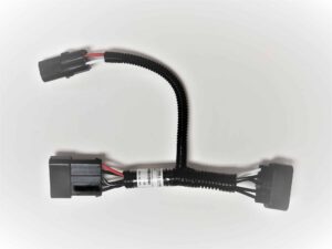 A black electrical wiring harness with three connectors and a flexible, corrugated protective sleeve, laid out on a white background.