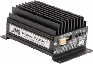 A black JMS PowerMAX electronic device with cooling fins, labeled inputs and switches, and a JMS logo on the side, designed for automotive or electrical control applications.