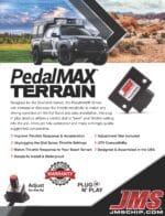 An off-road SUV with gear is parked behind a PedalMAX Terrain device. Text highlights its benefits: improved throttle response, easy installation, waterproofing, and compatibility with UTVs. JMS branding appears throughout.